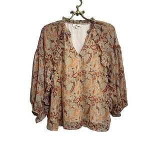 Entro Womens S Floral Top Long Sleeve Blouse Ruffle Cuffs Beige Rust Cottage